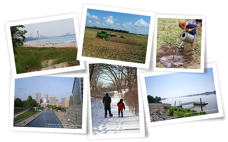 Collage of photos: Factory near the Indiana Dunes National Park, conbine harvesting corn (Monroe County, Indiana), youngster watering tree (Indiana Dunes National Park), downtown Indianapolis canal, father and son walking on a snowy trail (Indiana Dunes National Park), dock on the Ohio River (Grandview, Indiana) Collage of photos: Factory near the Indiana Dunes National Park, conbine harvesting corn (Monroe County, Indiana), youngster watering tree (Indiana Dunes National Park), dock on the Ohio River (Grandview, Indiana), father and son walking on a snowy trail (Indiana Dunes National Park), downtown Indianapolis canal